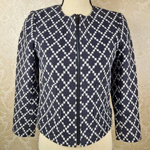 Ann Taylor Size 2P Black White Diamond Pattern Blazer Zip Front 2 Slip Pockets - Picture 1 of 12
